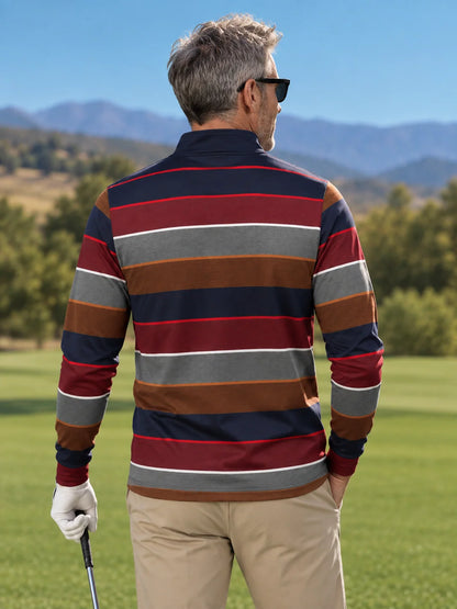 Bordeauxroter Golf-Pullover mit anthrazitfarbenen und kupferfarbenen Color-Blocking-Elementen und Viertelreißverschluss aus Funktionsmaterial