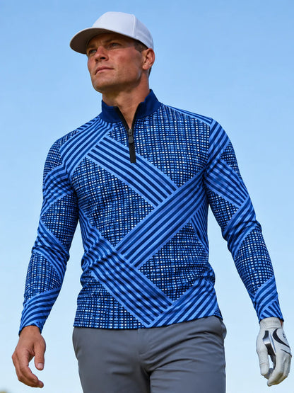 Marineblauer Golf-Pullover mit Gittermuster und diagonalen Streifen, Viertelreißverschluss und Funktionsmaterial