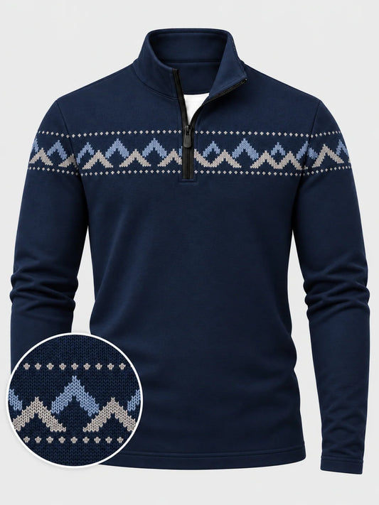 Marineblauer Funktionspullover mit Fair-Isle-Muster und Viertelreißverschluss