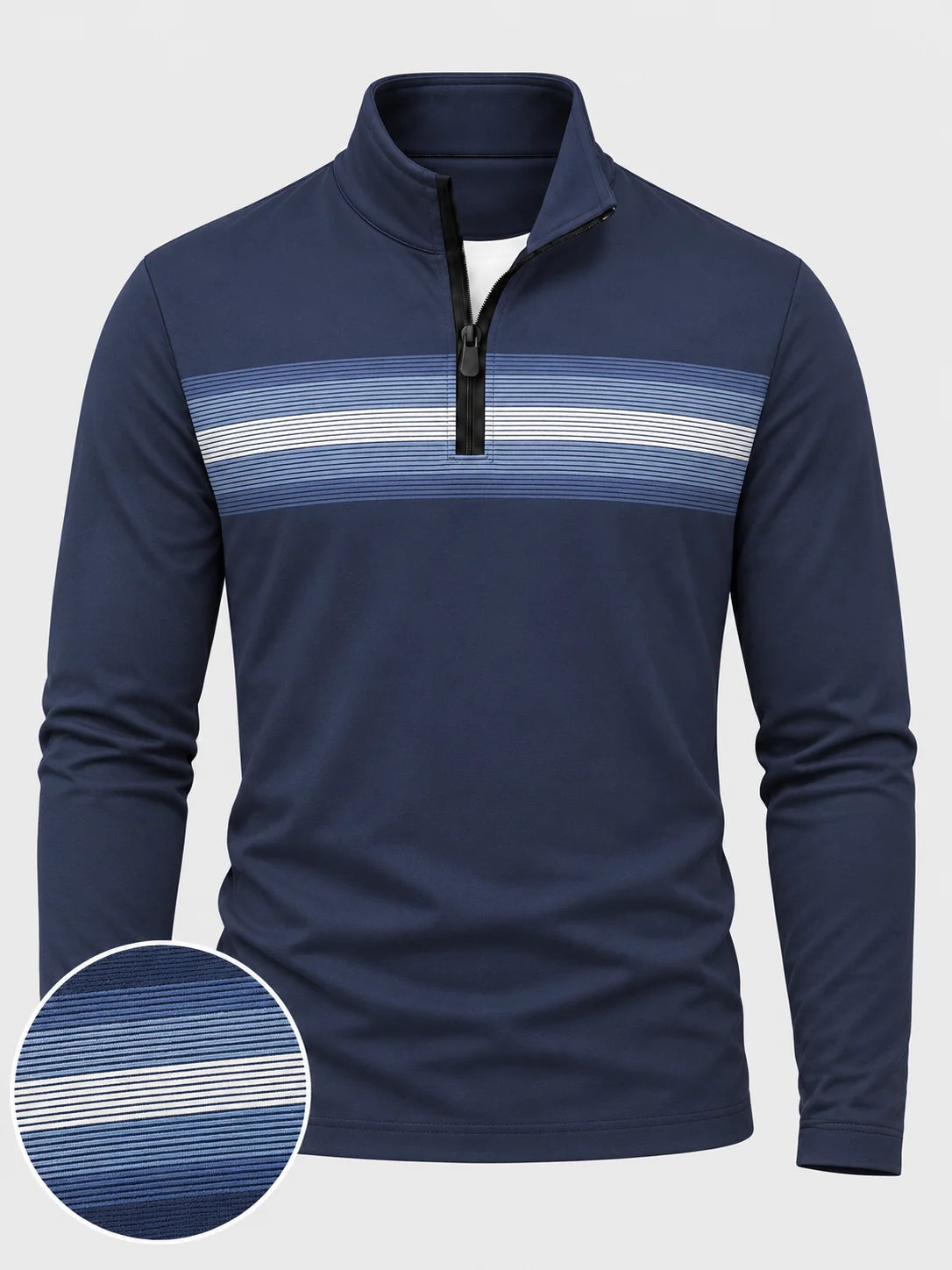 Golf-Pullover in Mitternachtsblau mit Bruststreifen und kurzem Reißverschluss