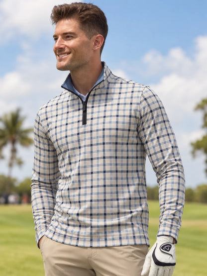 Golfpullover für Herren im Heritage-Stil in Blau mit Karomuster und Viertelreißverschluss