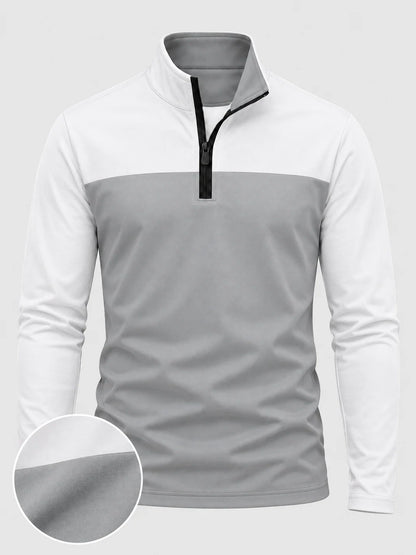 Grauer Golf-Pullover mit Farbblockdesign und kurzem Reißverschluss