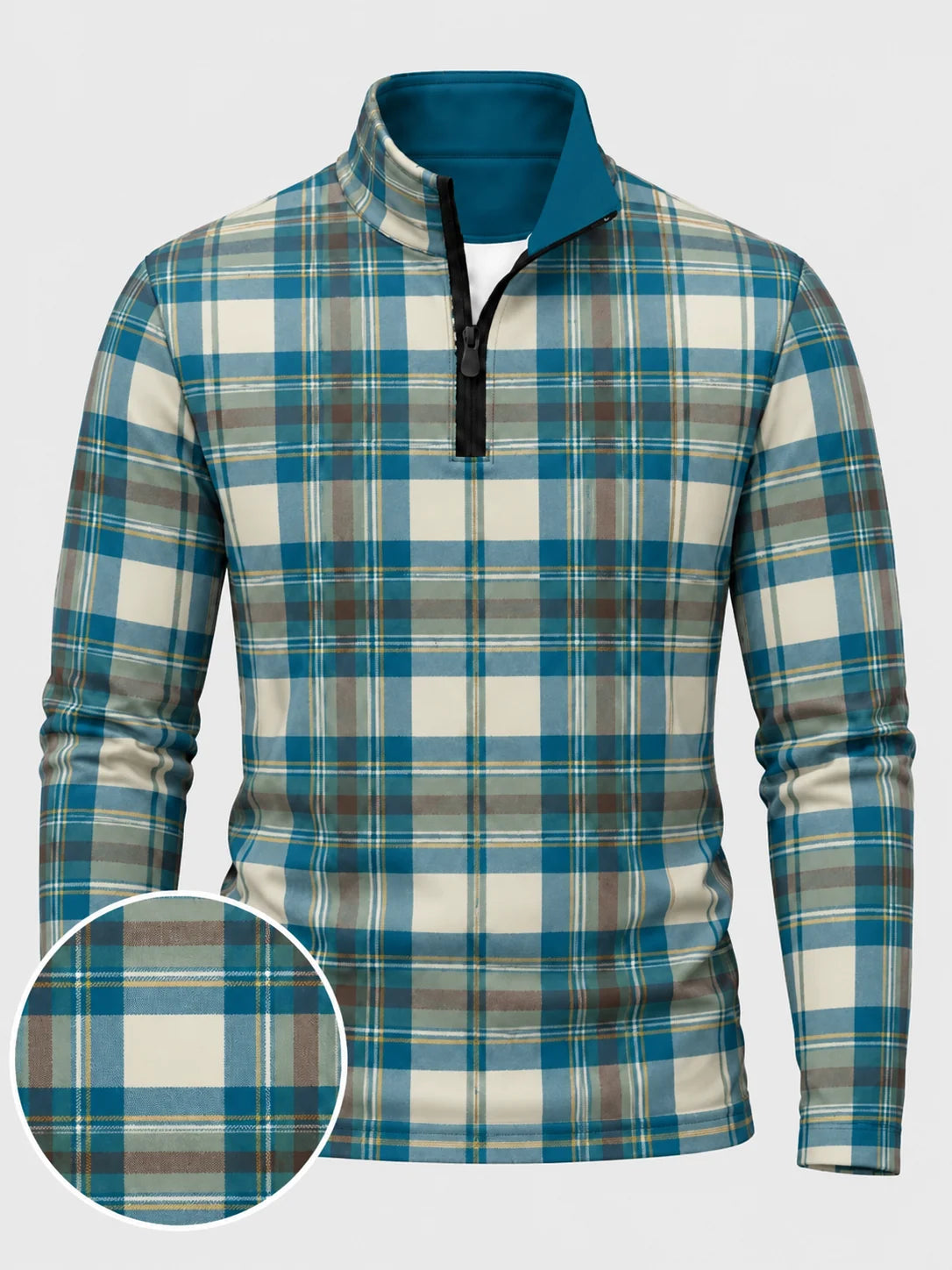 Golfpullover in Petrol und Creme mit Tartanmuster und Viertelreißverschluss