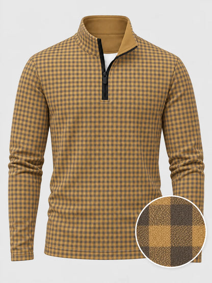Golf-Pullover aus Funktionsmaterial in Goldsenf mit Vichy-Karomuster und Viertelreißverschluss