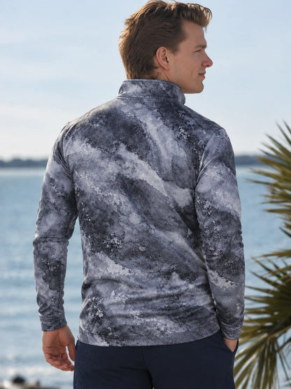 Performance-Pullover in Schieferblau mit Marmormuster und kurzem Reißverschluss