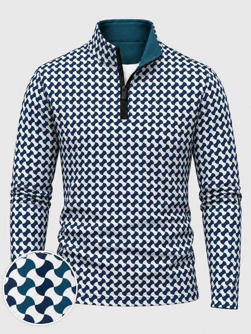 Blauer Performance-Pullover mit Wellenmuster und kurzem Reißverschluss
