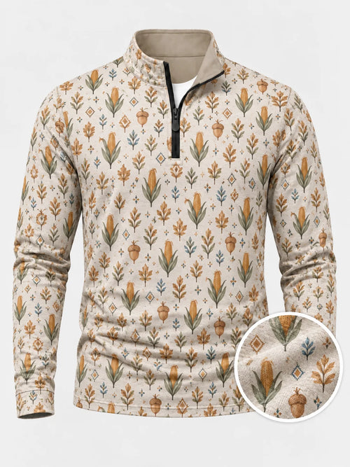Performance-Golfpullover in Creme mit Erntemotiv und Viertelreißverschluss