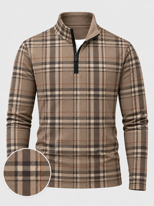 Golf-Pullover in Camel mit Tartan-Karomuster und kurzem Reißverschluss