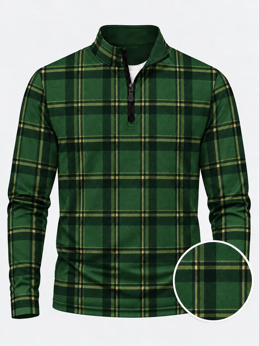 Waldgrüner Golf-Pullover mit Tartan-Karomuster und Viertelreißverschluss – Performance-Style
