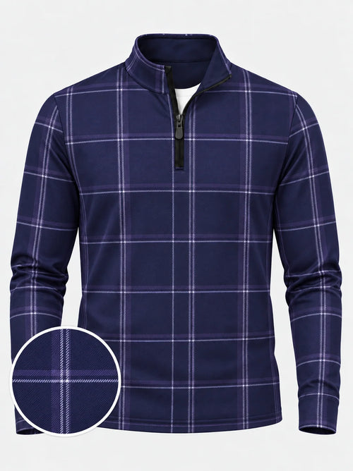 Marineblauer Golf-Pullover mit lavendelfarbenem Fensterkaro und Viertelreißverschluss aus Funktionsmaterial