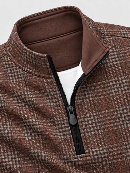 Golf-Pullover aus Funktionsmaterial in Rostbraun mit Glencheck-Karomuster und Viertelreißverschluss