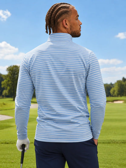Hellblauer Golfpullover mit horizontalem Streifenmuster, Funktionsmaterial und Viertelreißverschluss