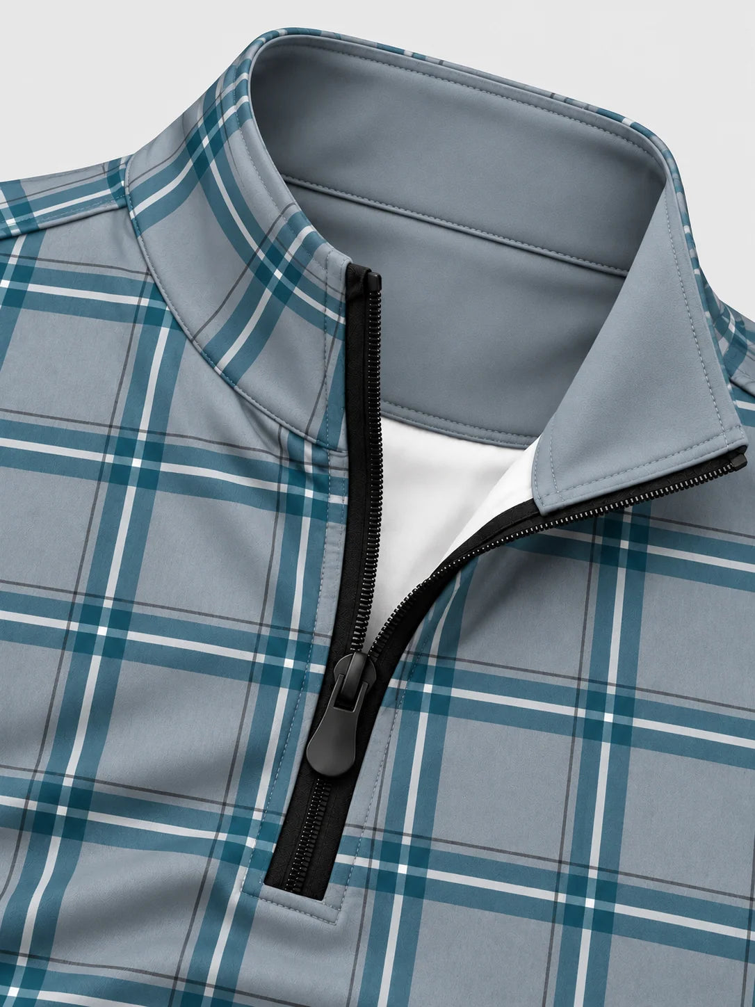 Golf-Pullover in Blaugrün und Grau mit Karomuster und kurzem Reißverschluss