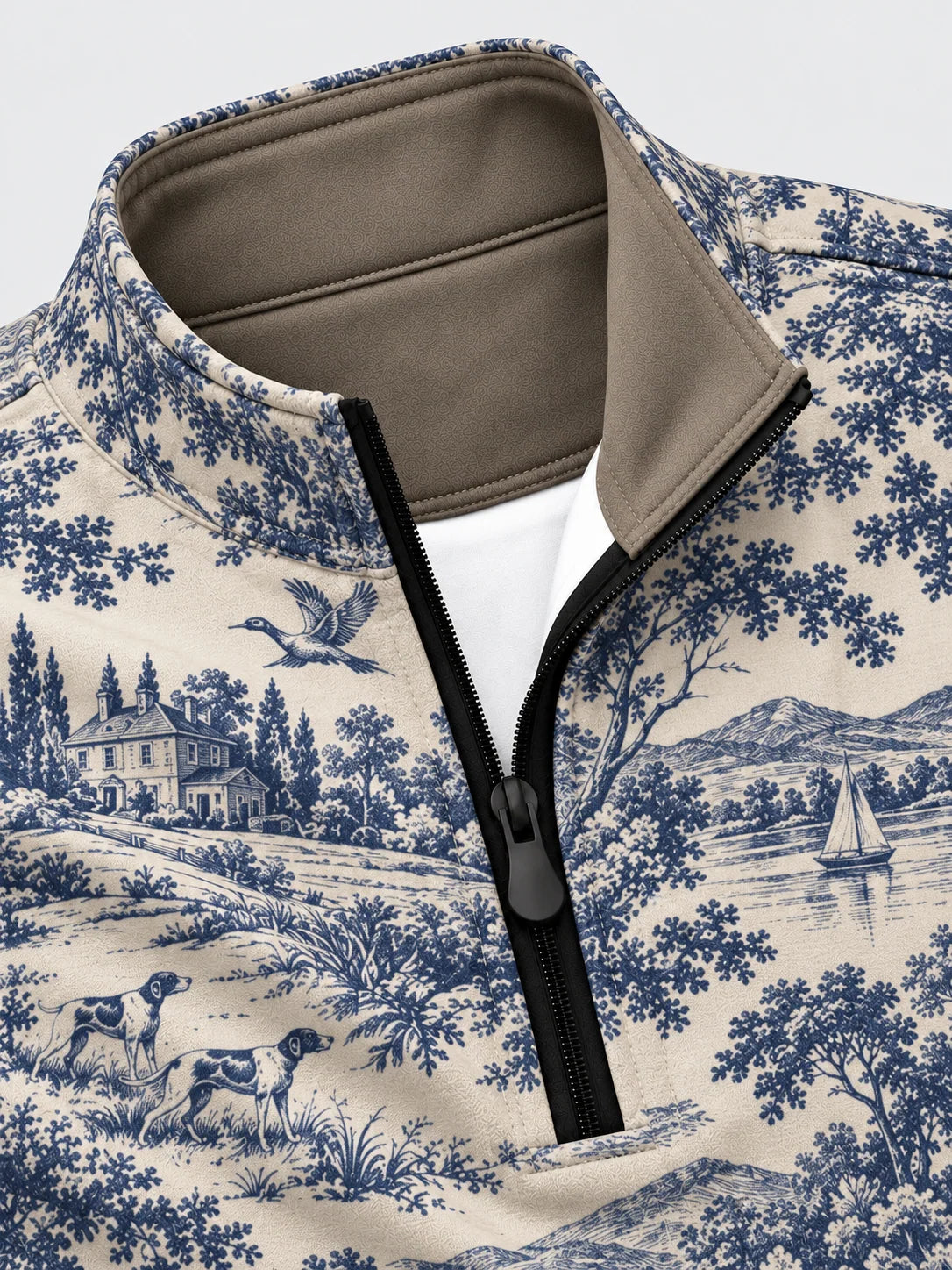 Blau-cremefarbener Golfpullover im Country-Stil mit Viertelreißverschluss