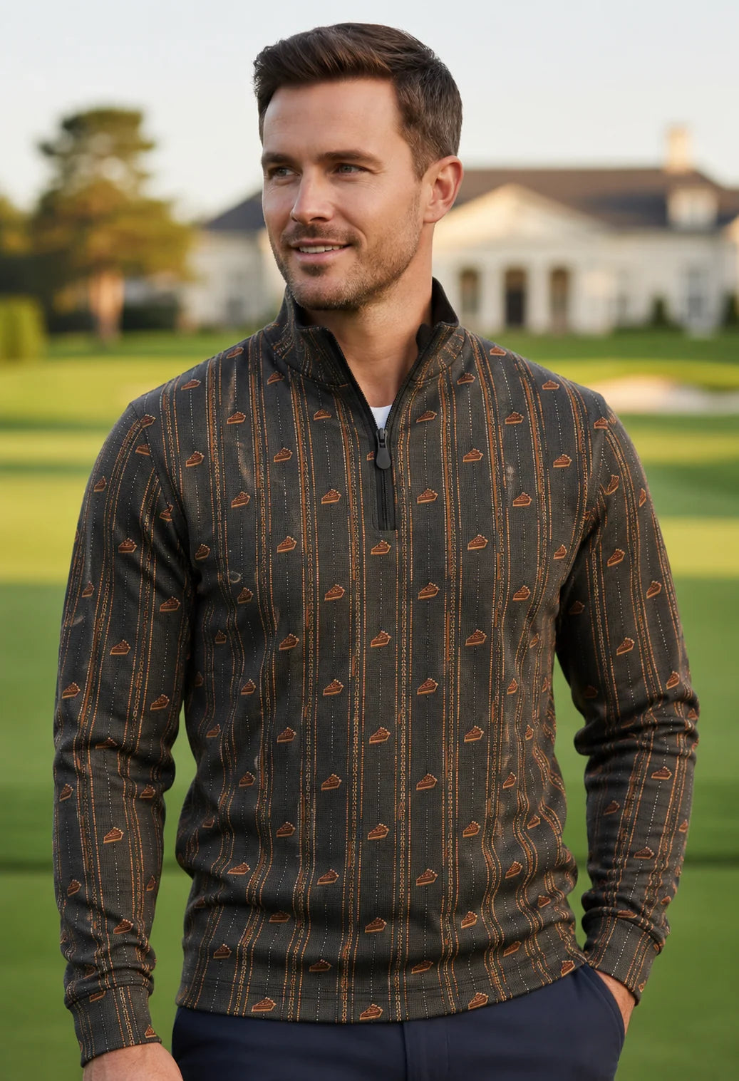 Vintage-Golfpullover mit Kürbiskuchen- und Streifenmuster, Funktionsmaterial und Viertelreißverschluss