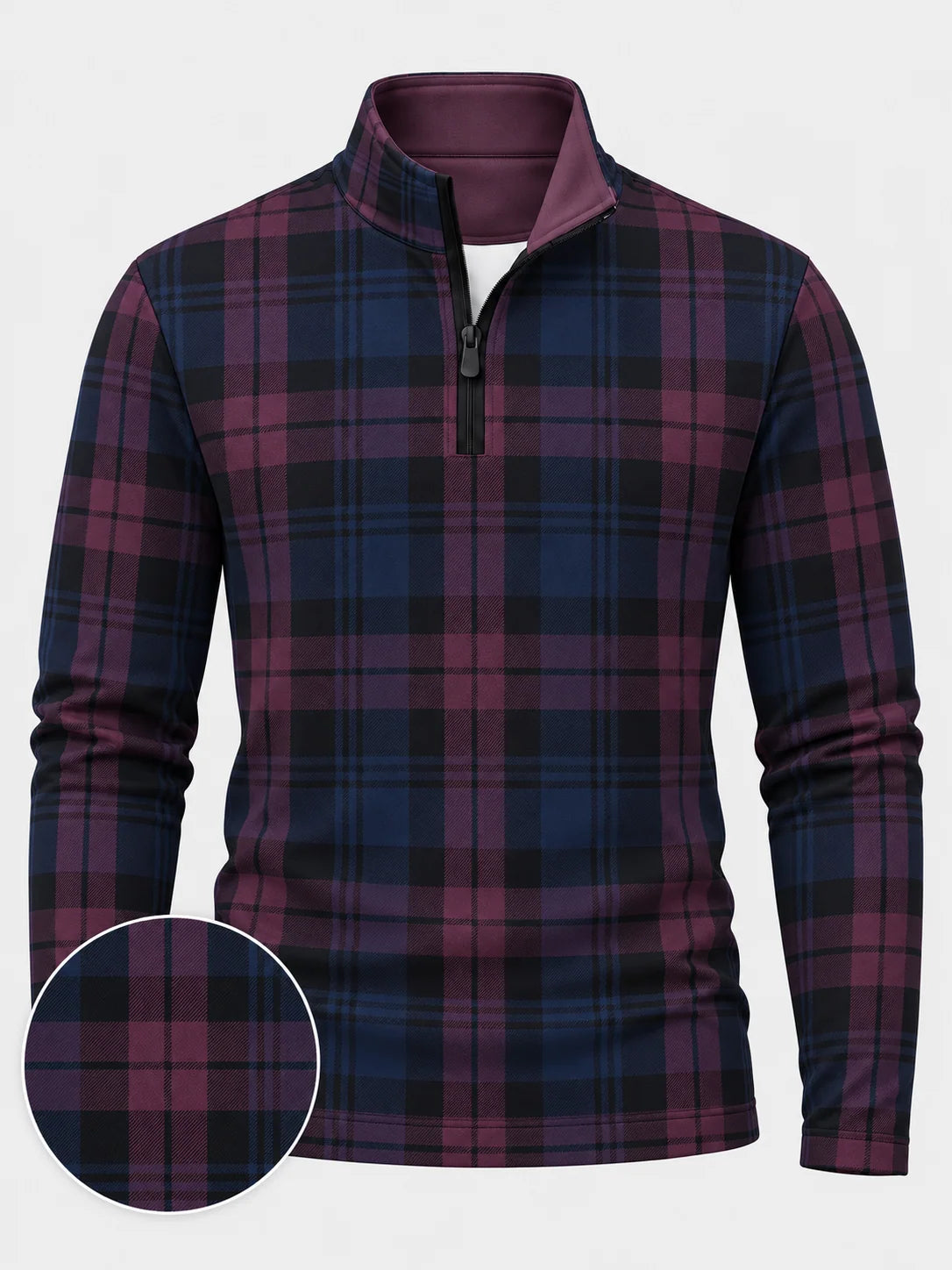 Golfpullover in Maulbeer-Lila mit Tartanmuster und Viertelreißverschluss