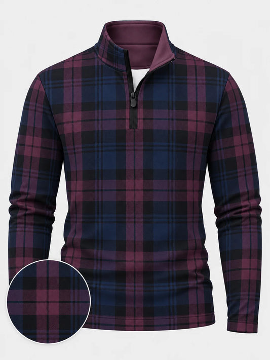 Golfpullover in Maulbeer-Lila mit Tartanmuster und Viertelreißverschluss